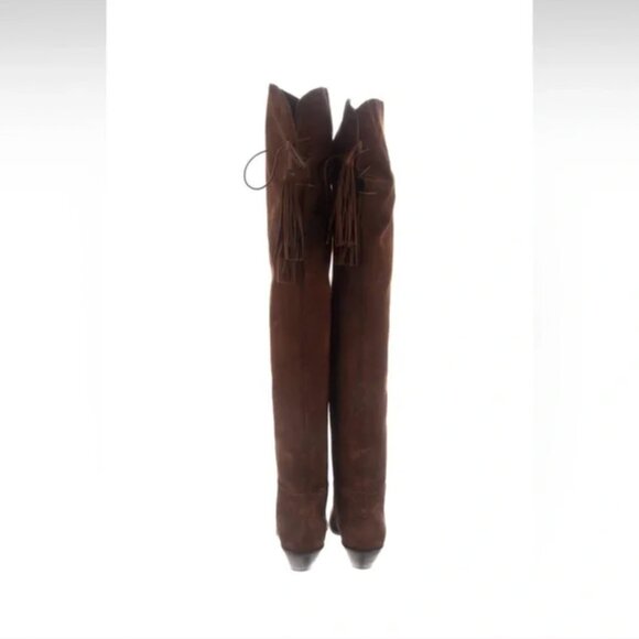 YSL Saint Laurent OTK Over-the-Knee Brown Suede Lace-Up Boots Size 37.5 - Picture 6 of 8